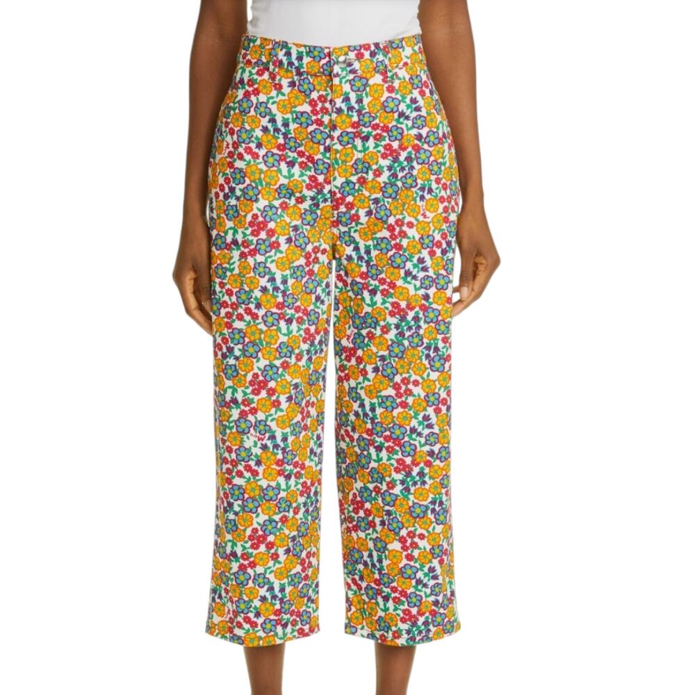 Marni Pop Garden Floral Print Wide Leg Crop Jeans White Multicolor Size 42 US 6